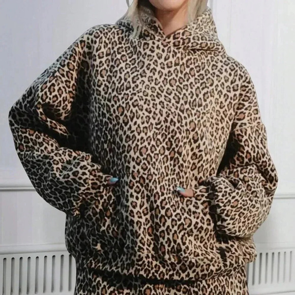 Multicolor Casual Women's Leopard Print Thermal Lined Streetwear Hoodie - Picture 1 of 3